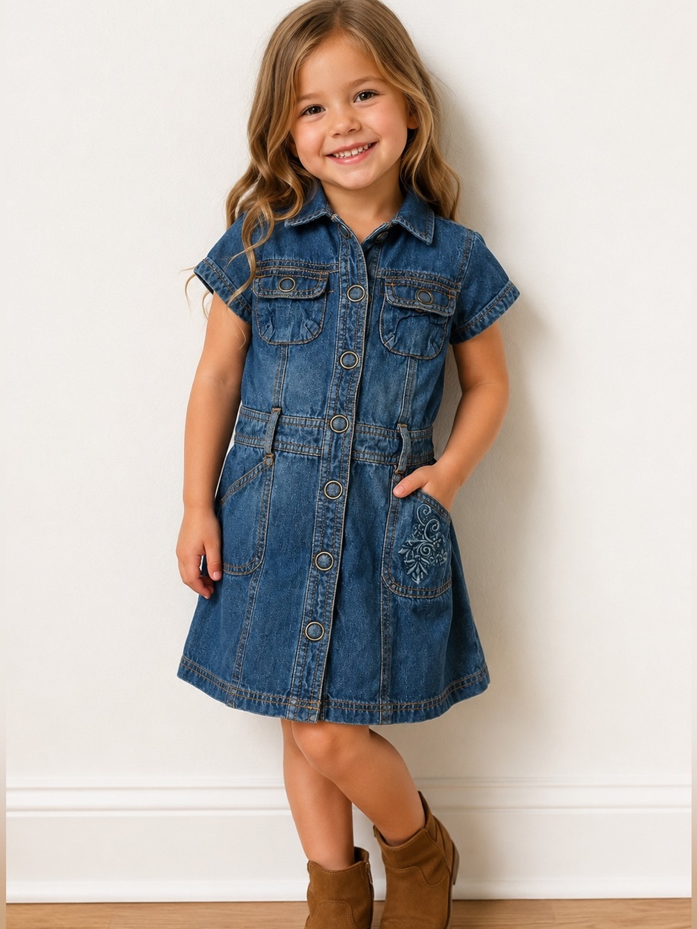 Cherokee Girls Denim Shirt Dress 5T Button Front Embroidered Pockets